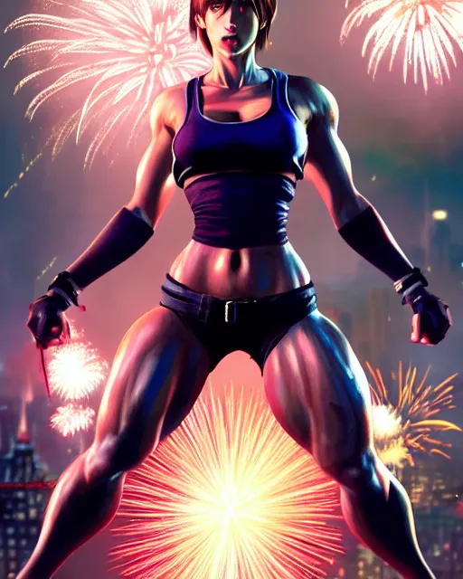 Image similar to gigachad jill valentine bodybuilder jumping in front of a fireworks show fighting in racoon city, fantasy character portrait, ultra realistic, anime key visual, full body concept art, intricate details, highly detailed by greg rutkowski, ilya kuvshinov, gaston bussiere, craig mullins, simon bisley