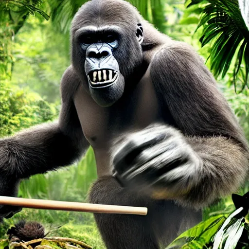 Image similar to UHD candid photo of King Kong playing drums in the jungle, with accurate face, UHD, photorealistic, correct face, real drum set, photo by Annie Leibowitz