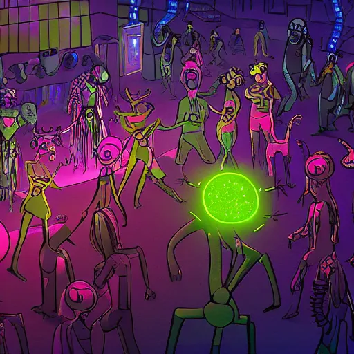 Image similar to nightclub with aliens dancing, highly detailed, artstation, digital painting