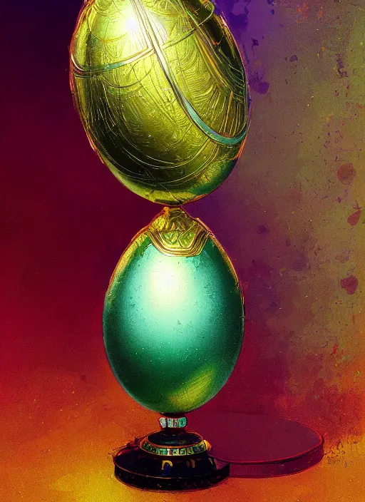 Image similar to faberge - adamant egg and andel shine, hyperrealism, no blur, 4 k resolution, ultra detailed, style of alexander trufanov, ismail inceoglu, tyler edlin, syd mead, carlos schwabe