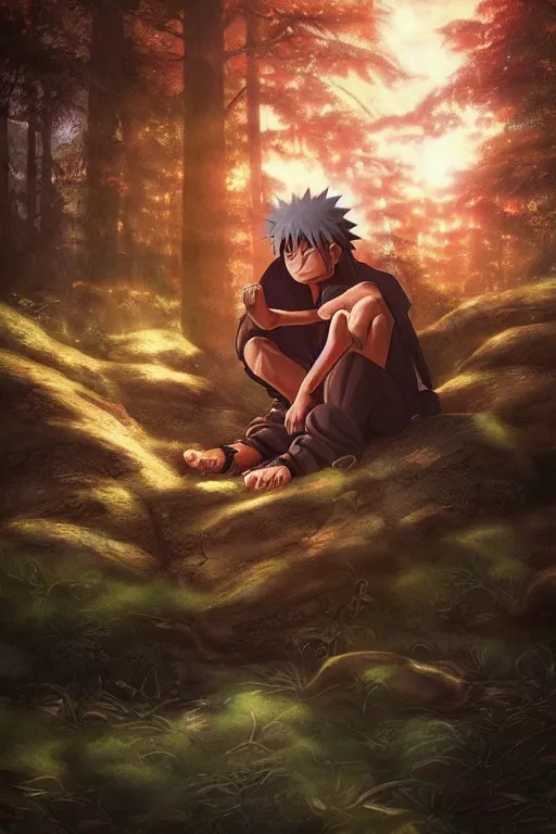 Image similar to photorealistic dark fantasy concept art of Naruto meditating in a forest, dynamic lighting, stunning visuals, realism, cinematic, hyper detailed, ultra detailed, beautiful visuals and sunset