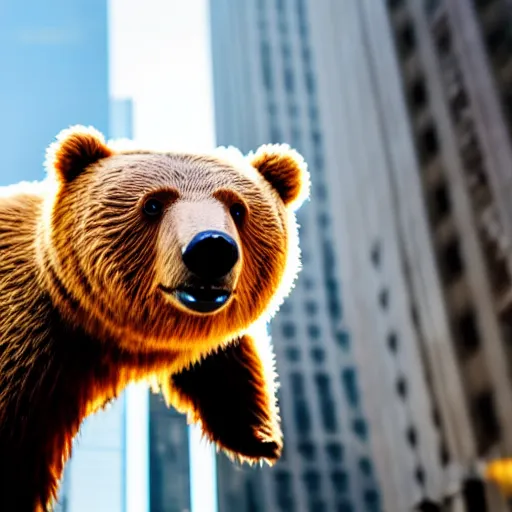 Prompt: a cute small bear in the middle of a busy street with skyscrapers, low angle camera, cinematic, very detailed, 4 k, depth of field