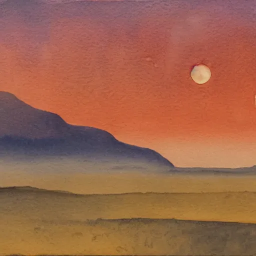 Prompt: watercolour painting of Martian landscape at dawn, with rising moons