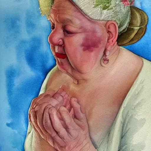 Image similar to a very funny stylize oil painting in renaissance style of a sweet fat old woman kissing her reflection. symmetry face, red mouth, blue eyes. flowery dress. hyper realistic scene. 3 d, octane render, deep focus, white scene. very funny and sweet image. unreal engine. watercolor. fellini style. poster quality. klee style.