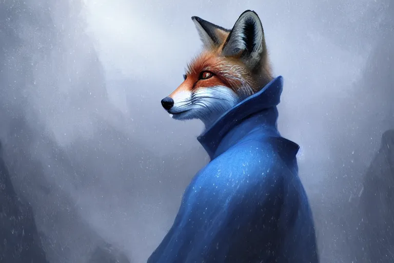 Image similar to portrait of a fox wearing blue coat stood outside a school, trending on artstation, highly detailed, digital painting, volumetric light, concept art, middle focus, illustration, lighting by Marc Adamus, daren bader, aleksi briclot, rutkowski, bouguereau