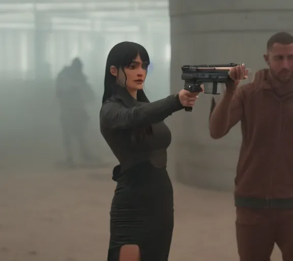 Prompt: a movie still of kylie jenner as joi aiming a gun at ryan gosling in the movie blade runner 2 0 4 9