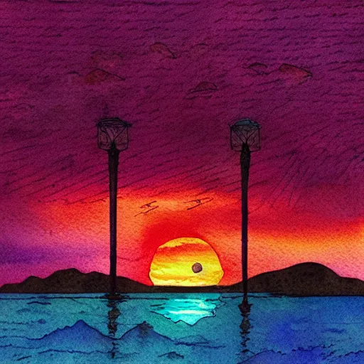 Image similar to vaporwave sunset, watercolor, dramatic lighting, cinematic, establishing shot, extremely high detail, photo realistic, cinematic lighting, pen and ink, intricate line drawings
