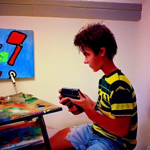 Prompt: teenager in the 9 0 s playing nintendo in a basement, painting