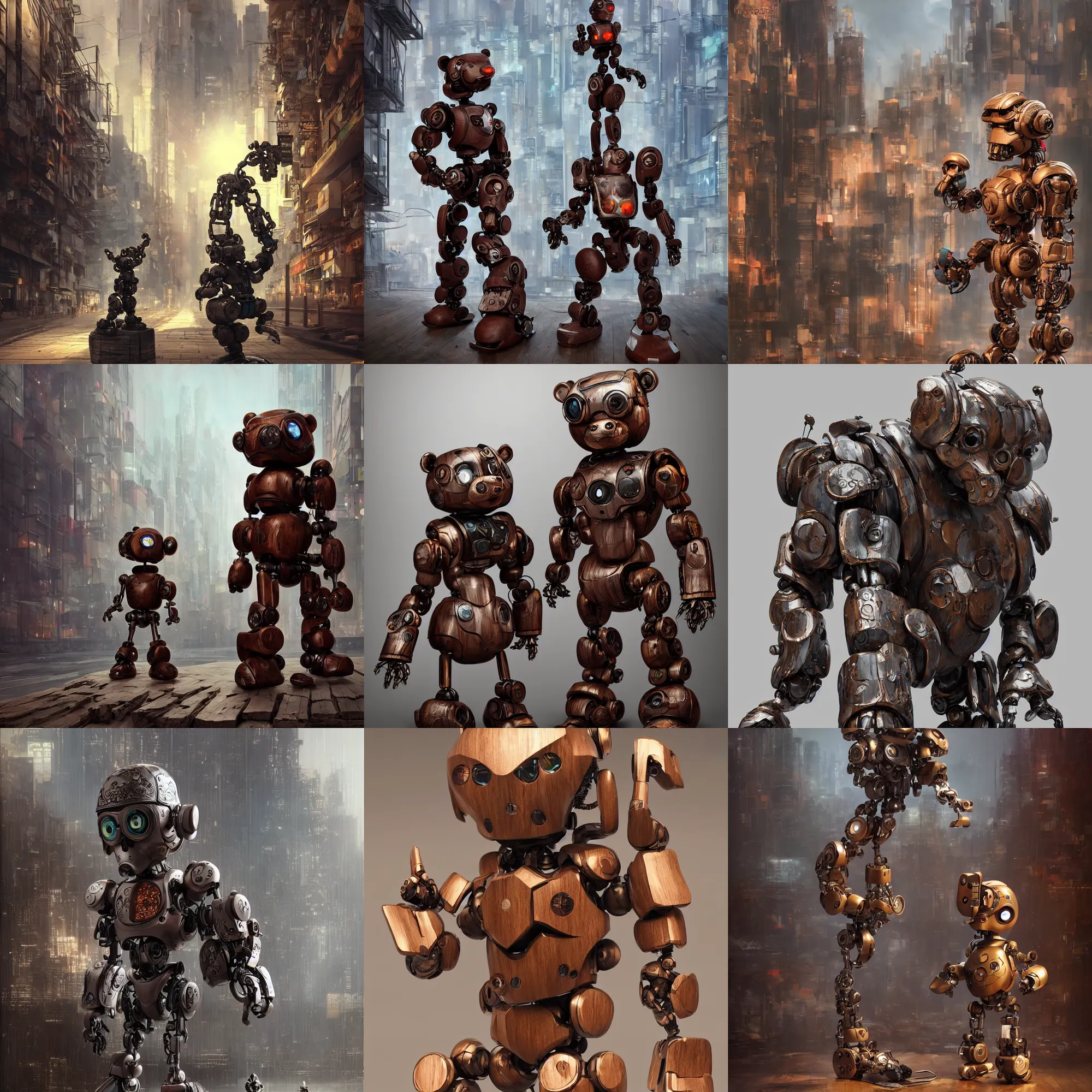 Prompt: 8 k octane render sculpture photorealistic beautiful character wooden design, art toys collectible figurine, mascot very cute bear robot cyberpunk, contemporary art gallery in background concept art cgsociety by gustave dore ron english