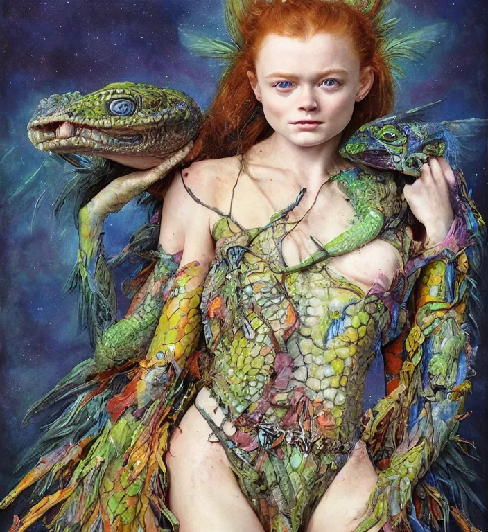 Prompt: a portrait photograph of sadie sink as a colorful harpy super hero with slimy reptile skin. she is trying on a amphibian organic catsuit and transforming into a feathered alien beast. by tom bagshaw, donato giancola, hans holbein, walton ford, gaston bussiere, peter mohrbacher and brian froud. 8 k, cgsociety