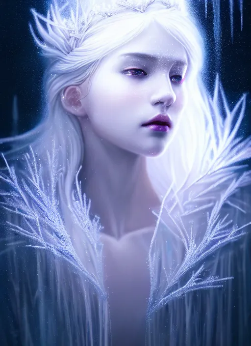 Image similar to a beautiful majestic frozen white queen with snowflakes on her hair, glowing light orbs, intricate concept art, elegant, digital painting, smooth, sharp focus, ethereal mist, deep colors, illuminated lines, outrun, vaporware, dark background, cyberpunk darksynth, ethereal, ominous, misty, 8 k, rendered in octane, by ruan jia and miho hirano