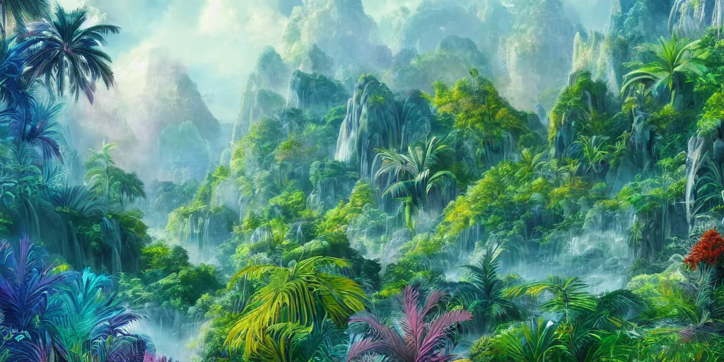 Image similar to a beautiful detailed matte painting of a rainbow crystal with ferns growing out of it, pattern, fractals, raphael lacoste, trending on artstation. Bright trippy tropical island beach, anime vacation.