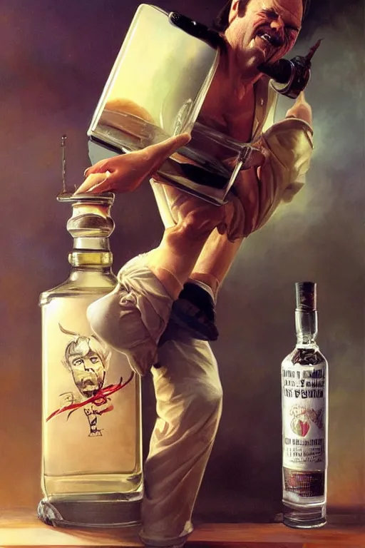 Image similar to a ship in a bottle but instead of a ship it is jack nicholson in the bottle, a young jack nicholson, fancy whiskey bottle, masterpiece painting by artgerm and tom bagshaw and boris vallejo