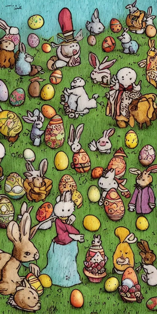 Prompt: an easter scene with eggs and bunnies by alexander jansson and where's waldo in easter colors