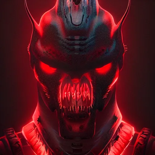 Image similar to a vivid portrait of a predator samurai, trending on artstation, scary, intimidating, dark, unreal engine, studio lighting, black and red color scheme