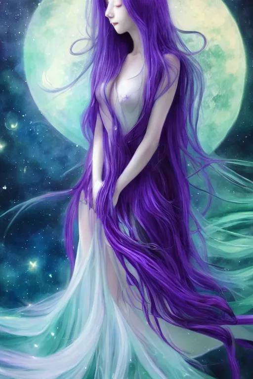 Prompt: 4k detailed portrait of a beautiful intimate woman with long purple cosmic hair and a beautiful celestial dress, by Miho Hirano. Anime, volumetric lighting