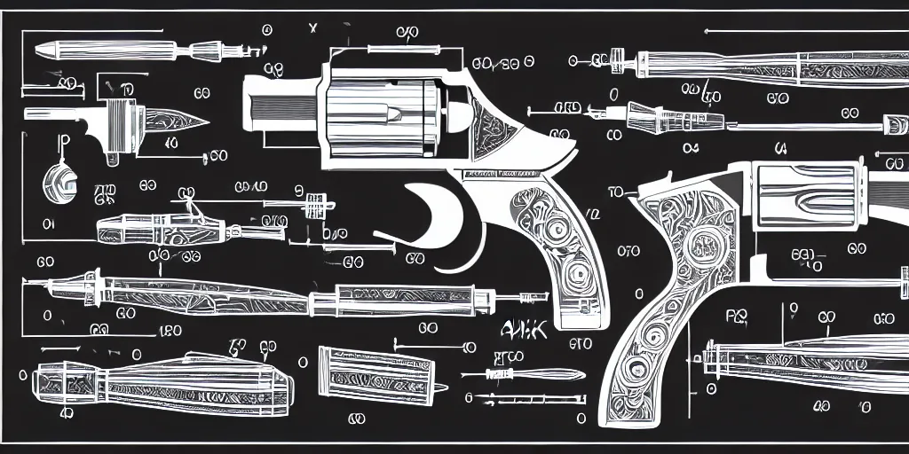 Prompt: schematic diagram illustration of a revolver, ultra detailed, 4 k, intricate, encyclopedia illustration, fine inking lines