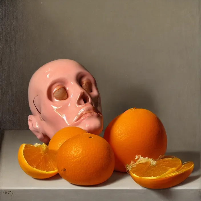 Prompt: still life painting of a melting pink glass mannequin head, peeled oranges, by pieter claesz, oil on canvas, strong lighting, highly detailed, hyper realism, golden hour, god rays, hd, 4 k