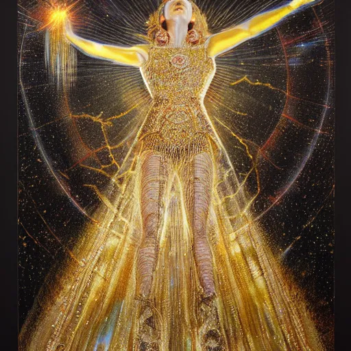 Image similar to full body made of diamonds , wearing a golden koftan ,thunder, shining light, nebulas, god rays by Karol Bak, Ayami Kojima, Amano and Olivier Ledroit