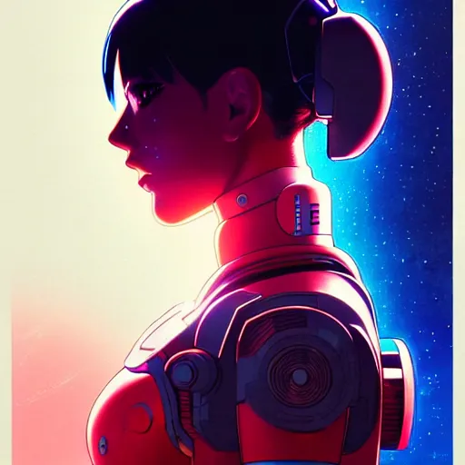 Image similar to side portrait scifi cyborg girl with robotic parts and spacesuit | | head only in center of image, audrey plaza, fine detail!! anime!! realistic shaded lighting!! poster by ilya kuvshinov katsuhiro otomo ghost - in - the - shell, magali villeneuve, artgerm, jeremy lipkin and michael garmash and rob rey