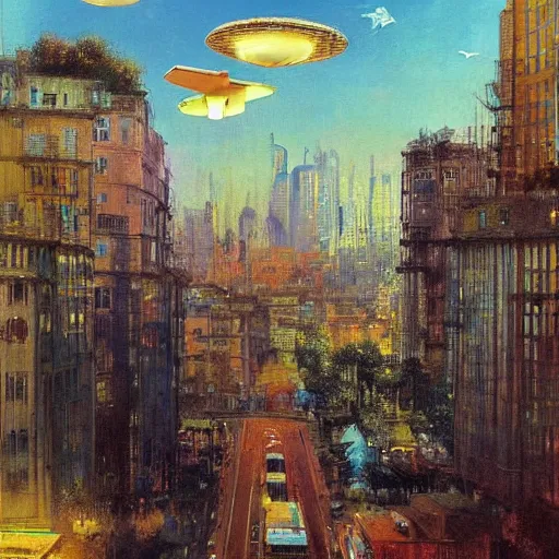 Prompt: a very beautiful eco - friendly environmental future!!! city cityscape, flying cars and elevated!! trains and solar power, lots of plants and flowers, sunrise, style of olidon redon