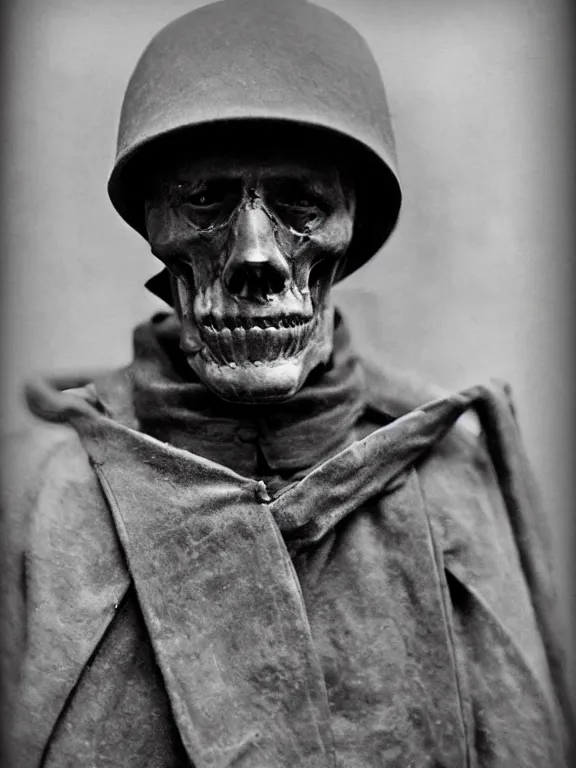 Image similar to portrait of grim reaper, ww1 photo, grainy, high detail, high resolution,