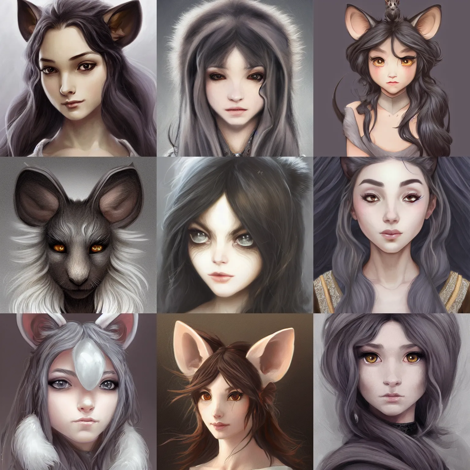 Prompt: 3/4 headshot of young female furry, D&D, cute, fantasy, intricate, long hair, grey skin, mouse face, mouse nose, mouse head, mouse ears, black hair, elegant, highly detailed, digital painting, artstation, concept art, smooth, sharp focus, illustration, art by Diives and greg rutkowski and alphonse mucha