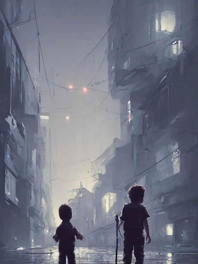 Prompt: a little boy in a dark alley in a big city a painting from stalenhag, 4 k, 8 k, hdr, artstation, concept art