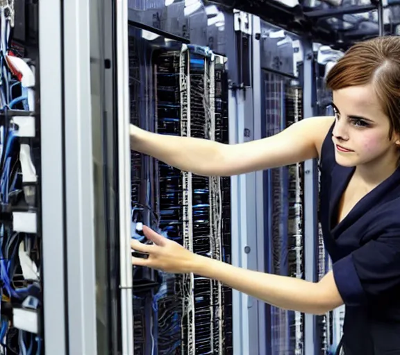 Image similar to emma watson smashing computer server, data center, closeup detailed