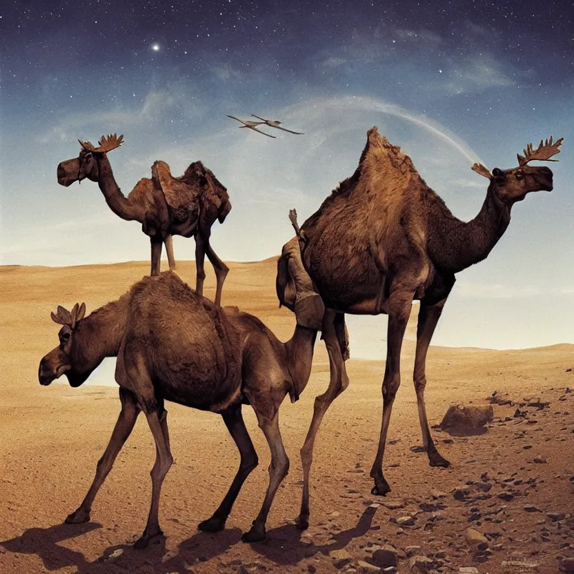 Image similar to an otherworldly camel moose, walking in an extraterrestrial desert. pulp sci - fi art. dark background