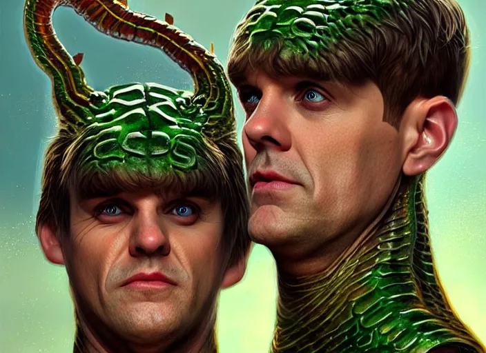 Image similar to hydra of lerna with two heads, one head is lloyd christmas, the other head is harry dunne ( from dumb and dumber ), serpentine water monster, d & d, fantasy, portrait, highly detailed, digital painting, trending on artstation, concept art, sharp focus, illustration, art by artgerm and craig mullins