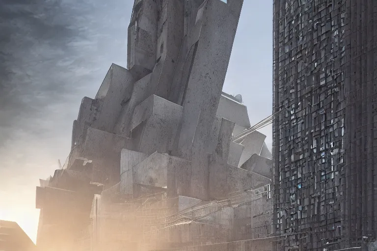 Image similar to streetscape, a towering cathedral of brutalist architecture, buildings covered with greebles, stunning volumetric light, sunset, metal, concrete and translucent material, stunning skies, majestic landscape, trending on Artstation, 8k, photorealistic, hyper detailed, unreal engine 5, IMAX quality, cinematic, epic lighting, in the style of Greg Rutkowski