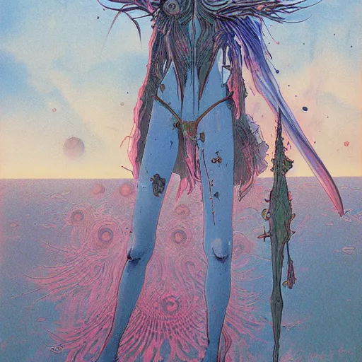 Image similar to original jean giraud art painting, pastel goth aesthetic, creepy kawaii, psychedelic, matte painting, amano yoshitaka