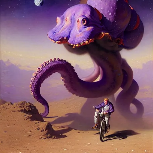 Image similar to a giant purple octopus riding a bicycle on the moon. highly detailed painting by gaston bussiere, greg rutkowski, j c leyendecker 8 k