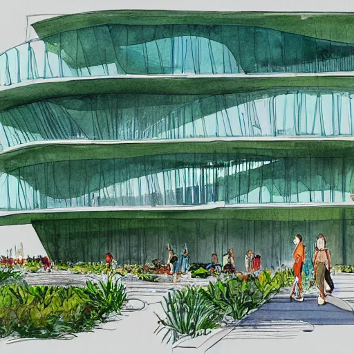 Image similar to watercolor sketch of organic rectangular architecture concept by victo ngai, sea, renzo piano, sketche, villa, people, beach, artistic, ecology, green.