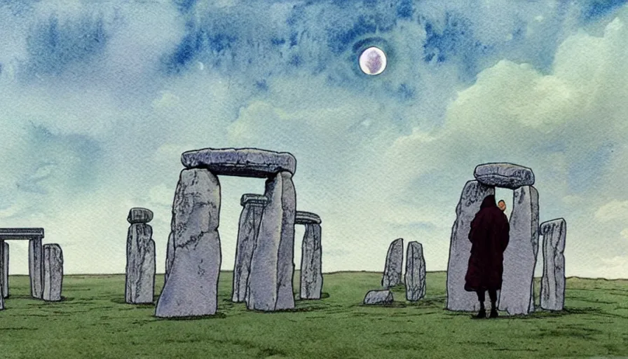 Image similar to a realistic and atmospheric watercolour fantasy concept art of a shiny metallic ufo floating above a large stonehenge. medieval monk in grey robes on his knees praying. a crescent moon in the sky. muted colors. by rebecca guay, michael kaluta, charles vess and jean moebius giraud