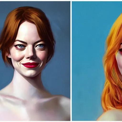 Image similar to emma stone : left - half is sad emma stone, right - half is smiling emma stone, fine details, realistic shaded lighting poster by greg rutkowski, magali villeneuve, artgerm, jeremy lipkin and michael garmash and rob rey