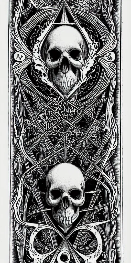 Prompt: a beautiful ombre skullpunk fractal tarot card featuring bold occult imagery with clean lines. haeckel. detailed adult coloring book