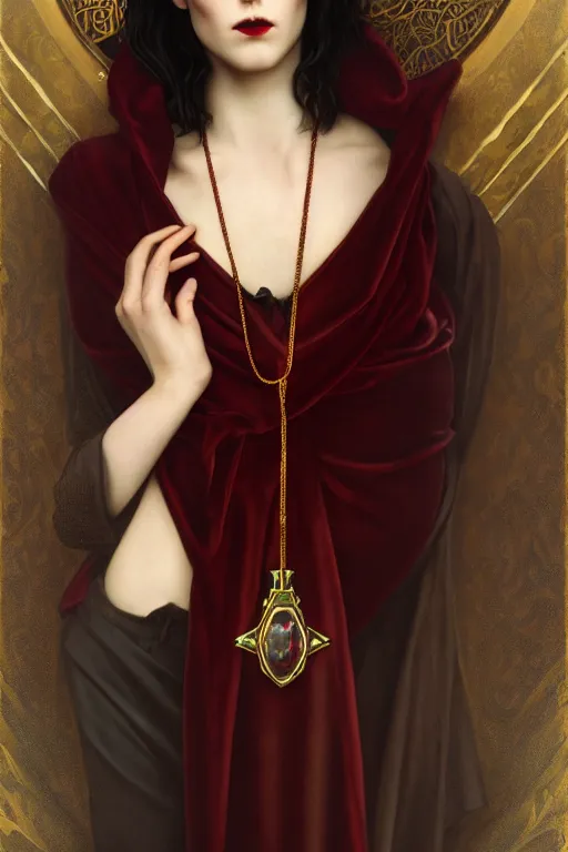 Image similar to a beautiful androgynous man, long thick dark hair, deep brown eyes, vampire, dressed in velvet, wearing a ruby pendant, illustration, dramatic lighting, soft details, painting oil on canvas, art nouveau, octane render, HDR, 4k, 8k, HD, by Edmund Blair Leighton, Brom, Charlie Bowater, faces by otto schmidt