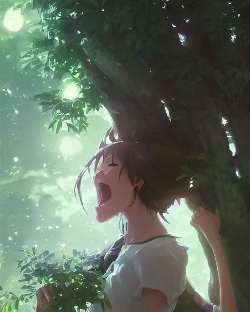 Image similar to a girl trying to eat a tree, full shot, atmospheric lighting, detailed face, by makoto shinkai, stanley artgerm lau, wlop, rossdraws