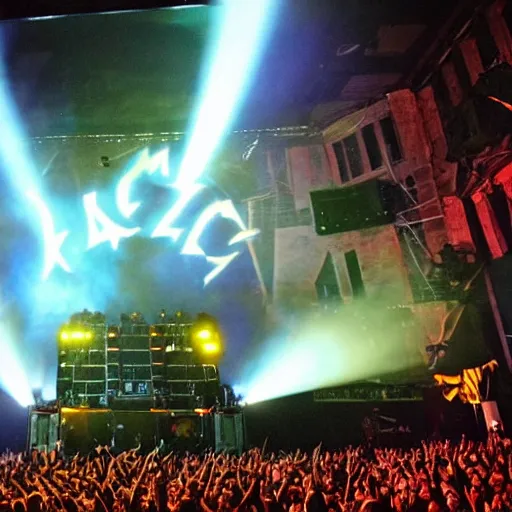 Image similar to rock concert in a city at night with a lightning bolt hitting a bell on top of the stage, signs that say ac / dc