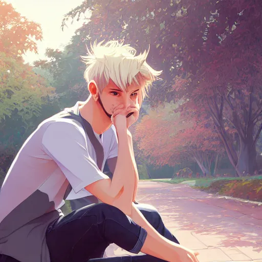 Prompt: young man with short, ash blond greyish hair, light brown eyes, casual clothes, relaxing, happy, path traced, highly detailed, high quality, digital painting, by studio ghibli and alphonse mucha, sylvain sarrailh, beautiful details