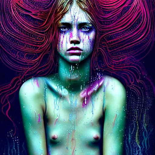 Image similar to girl in psychedelic LSD rain with wet hair and face, fantasy, intricate, elegant, dramatic lighting, evoking intense emotion, symbolic metaphor, highly detailed, lifelike, photorealistic, digital painting, artstation, concept art, smooth, sharp focus, illustration, art by John Collier and Albert Aublet and Krenz Cushart and Artem Demura and Alphonse Mucha