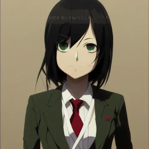 Prompt: tomoko kuroki watamote portrait green eyes beige suit red tie by greg rutkowski makoto shinkai kyoto animation ultrahd award winning