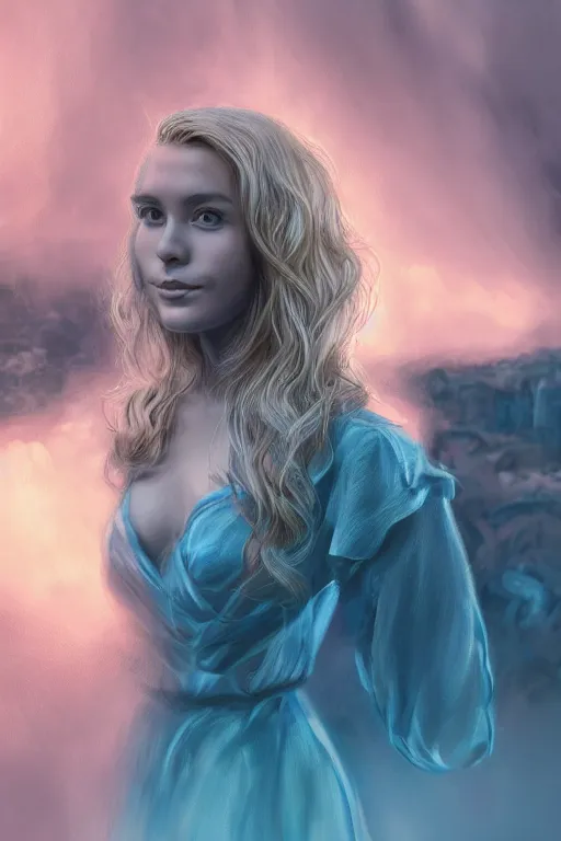 Image similar to an insanely detailed close up portrait of a beautiful blonde haired woman, blue dress, holding nikon camera, background is a fountain in the park, in the style of peter mohrbacher, artgerm, dramatic lighting and composition, pink fog background, octane render, trending on artstation, concept art 8 k