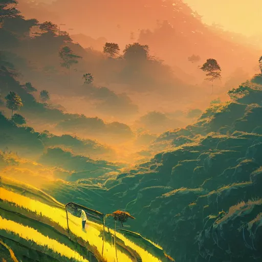 Image similar to beautiful scenery of rice terraces, by anato finnstark, by alena aenami, by john harris, by ross tran, by wlop, by andreas rocha