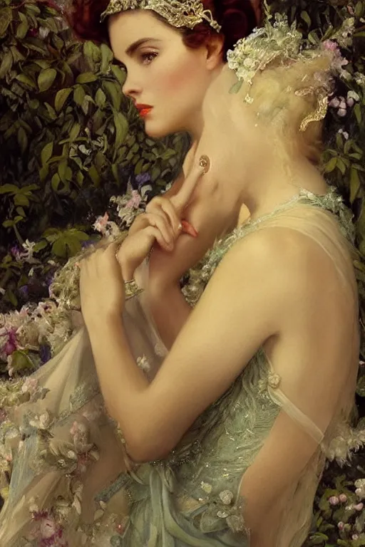 Image similar to A young and extremely beautiful Grace Kelly explaining the birds and the bees by Tom Bagshaw in the style of a modern Gaston Bussière, art nouveau, art deco, surrealism. Extremely lush detail. Melancholic night scene. Perfect composition and lighting. Profoundly surreal. High-contrast lush surrealistic photorealism. Sultry and mischievous expression on her face.