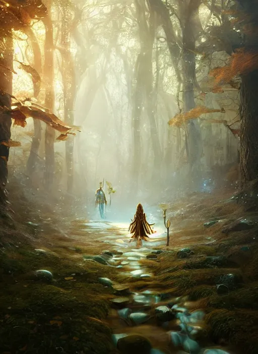 Image similar to magical forest with gold and silver leafs, music, girl with blond long hair, elves, lord of the rings style, ultra detailed, trending on artstation, concept art, octane render, unreal engine, by shinji aramaki, by christopher balaskas, by krenz cushart