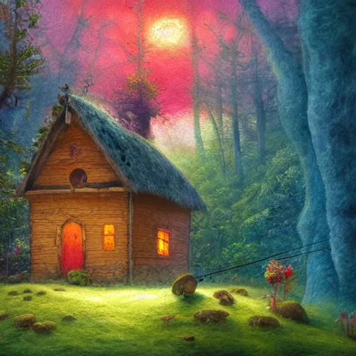 Image similar to small wooden house in the middle of enchanted forest, bright colours, watercolor, volumetric wool felting, macro photography, children illustration, by christophe vacher