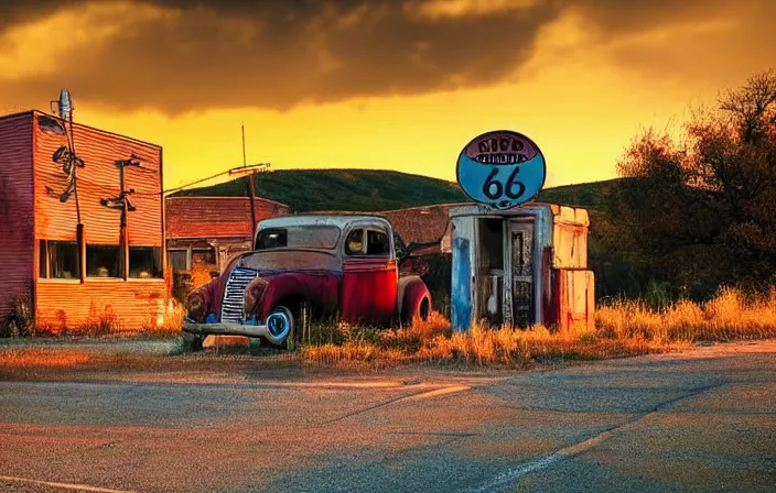 Image similar to A beautiful colorful evening scene of route66, old road with abandoned gas station and rusty old pickup truck, hyper realistic, blinding backlight evening sun, sparkling sun rays, epic scene, intense setting, evening vibe